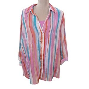 Belle Womens Abstract Stripe Tunic Blouse Pink Blue Orange Layered Art to Wear